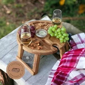 Wooden Wine Table Charcuterie Board | Portable Wine Table | Rustic Kitchen Decor | Gift for Wine Lover | Wine and Cheese | Couples Gift