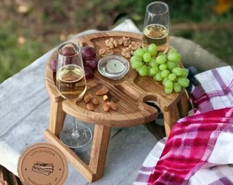 Wooden Wine Table Charcuterie Board | Portable Wine Table | Rustic Kitchen Decor | Gift for Wine Lover | Wine and Cheese | Couples Gift