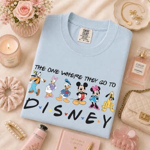 May include: A light blue Comfort Colors t-shirt featuring the text "THE ONE WHERE THEY GO TO DISNEY" with cartoon characters. The shirt has a crew neck and short sleeves. The design includes Mickey and Minnie Mouse, Donald and Daisy Duck, Goofy, and Pluto.