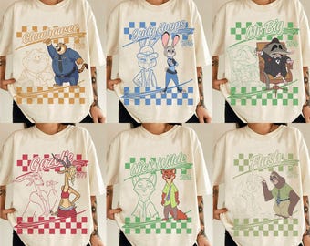 Zootopia 1 & 2 Checkered Characters Shirt, Disney Family Trip Matching T-shirt, WDW Tee, Judy Hopp, Nick Wilde