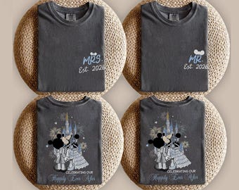 Custom Mickey Minnie Couple Disney Wedding Happily Ever After Shirt, Mr Mrs Ears T-Shirts, WDW Disneyland Castle Wife Husband Honeymoon Trip