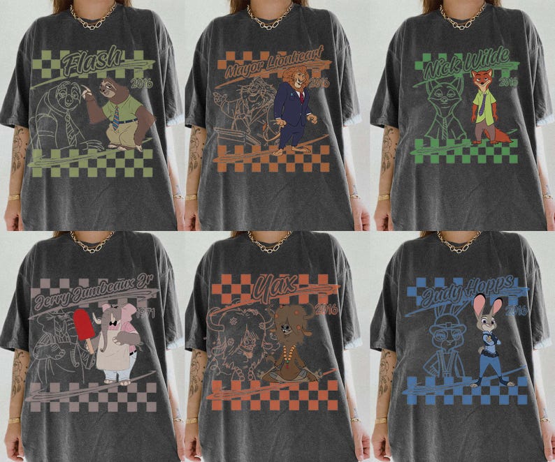 May include: A charcoal gray t-shirt featuring six distinct graphic designs of animated characters including Flash, Mayor Lionheart, Nick Wilde, Jerry Jumbeaux Jr, Yax, and Judy Hopps. Each design includes a checkered background and the character name.