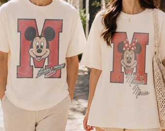 Vintage Mickey Minnie Couple Shirts, Mickey Varsity M -Disney Retro Couple Tee, Distressed Disneyland Shirt,Comfort Colors Matching Outfits