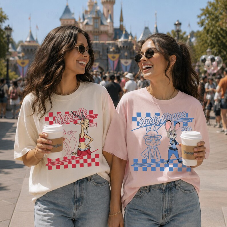 May include: A cream-colored t-shirt featuring a red checkered graphic of Gazelle with the text 'Gazelle 1971' and a light pink t-shirt featuring a blue checkered graphic of Judy Hopps with the text 'Judy Hopps 2016', both worn with blue jeans.