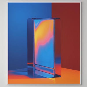May include: A clear glass prism with a rainbow-like iridescent effect, standing on a surface with orange and red hues.