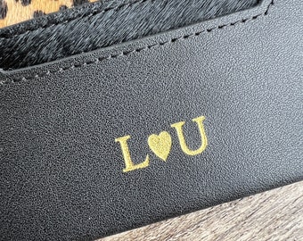 Monogrammed Black Card Case debossed on bottom cater, Handmade Leather Card Cover