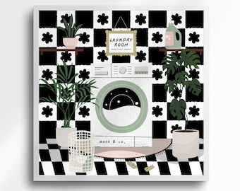 May include: A digital print of a laundry room scene. The image features a washing machine, plants, and a sign that reads "LAUNDRY ROOM wash...dry...repeat." The background has a black and white floral pattern. A rug and laundry basket are also visible.