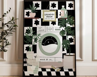 May include: A black and white checkered laundry room illustration with a washing machine, plants, and a sign that says "Laundry Room".