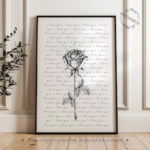 Te amo / Arte de pared romántico / Descarga digital / Impresión romántica / Tipografía / Rosa / Nota de amor con estilo de escritura a mano / Regalo de San Valentín