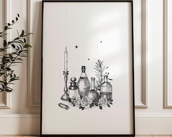 May include: Black and white framed print featuring a collection of apothecary bottles, a candle in a holder, and floral elements. The illustration style is reminiscent of vintage botanical drawings, with detailed shading and line work. The print is displayed on a wooden floor.
