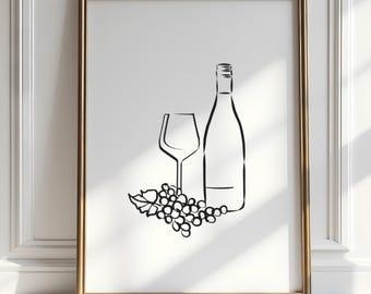 Op de afbeelding: Een zwart-witte lijntekening in een lijst van een wijnfles, wijnglas en druiven. Het kunstwerk wordt gepresenteerd in een goudkleurige lijst tegen een witte achtergrond. De afbeelding is een minimalistische illustratie.