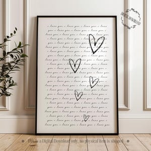 Te amo / Arte de pared romántico / Descarga digital / Impresión romántica / Tipografía / Corazones / Estilo de escritura a mano / Regalo de San Valentín para un ser querido