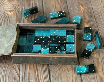 Klassisches Domino in Smaragd und Schwarz, Spiele für Außen, Dominosteine aus Epoxidharz, einzigartige Geschenkidee für Ihn, Premium Domino