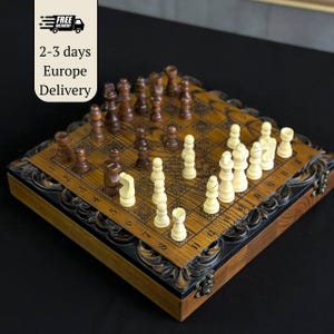 Jeu d&#39;échecs en bois, échiquier stylisé avec un motif de lion, pièces d&#39;échecs, jeu de dames, idée cadeau, jeu de famille, EN STOCK expédition le lendemain