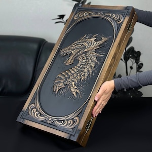 Large Ash Wood Backgammon Set Dragon Design, Game Board, Friend Gift, Tabletop Game, Family Night Game, Home Decor