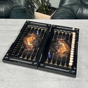 Imperial Lion Glass & Ash Wood Backgammon Set | Luxury Handcrafted 20" Game Board | Custom Anniversary Gift for Him | Modern Board Game