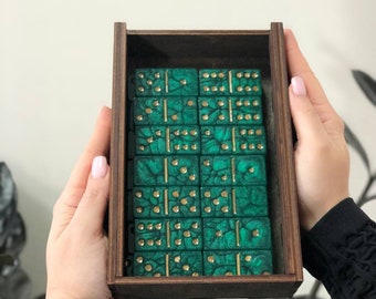 Emerald Epoxy Resin Classic Domino, Outdoor Games, Emerald and Gold Dominoes Set, Unique Gift Idea, Premium Domino, Family Night Game