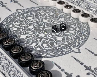 White acrylic stone backgammon, stylized with LION design, handmade luxury backgammon, anniversary gift, resin backgammon
