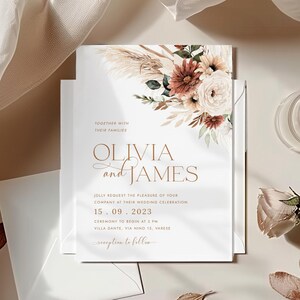 Boho terracotta floral Wedding Invitation Template, Minimalist wedding, Eucalyptus Wedding Invite, Boho burn orange pampas Invite Printable