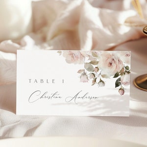 Beige Pink Wedding Place Card Template, Minimalist wedding, Eucalyptus Wedding Invite, Boho pink rose floral Table Place card, Printable DIY