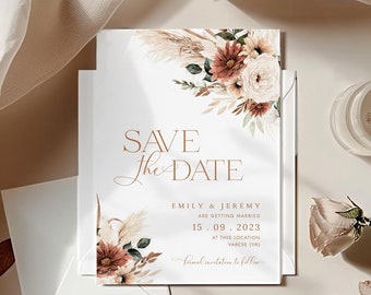 May include: A save the date card with a white background and a floral design in shades of brown, orange, and white. The text "SAVE THE DATE" is in gold lettering. The card also includes the names "Emily & Jeremy" and the date "15.09.2023".