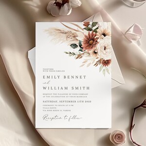 Boho terracotta floral Wedding Invitation Template, Minimalist wedding, Eucalyptus Wedding Invite, Boho burn orange pampas Invite Printable