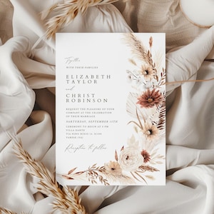 Boho terracotta floral Wedding Invitation Template, Minimalist wedding, Eucalyptus Wedding Invite, Boho burn orange pampas Invite Printable