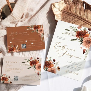 Boho terracotta floral Wedding Invitation Template, Minimalist wedding, Eucalyptus Wedding RSVP, Boho burn orange pampas Invite Printable