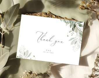 Sage Green Wedding Thank you card Template, Minimalist wedding, Eucalyptus Wedding Invite, Boho Greenery olive Thank you card, Printable DIY