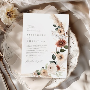 Boho terracotta floral Wedding Invitation Template, Minimalist wedding, Eucalyptus Wedding Invite, Boho burn orange pampas Invite Printable