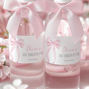 Pink Bow Water Bottle Label Printable, Pink Coquette 1st Birthday Water Labels, Birthday Water Label Sticker, Pink Bow invitation template