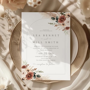 Boho terracotta floral Wedding Invitation Template, Minimalist wedding, Eucalyptus Wedding Invite, Boho burn orange pampas Invite Printable