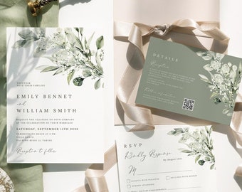 May include: A wedding invitation suite with a green and white floral design. The invitation features the names "Emily Bennet" and "William Smith" and the date "September 15th, 2023". The RSVP card includes a QR code and the text "RSVP Bolly Response by August 15th".