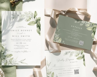May include: Wedding invitation suite with a green and white floral design. The invitation features the names "Emily Bennet" and "Will Smith" with the wedding date "September 15, 2023". The RSVP card includes a QR code.