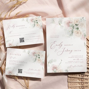 以下が含まれることがあります： 花柄のデザインの結婚式の招待状セット。招待状には、白とピンクのバラと緑の葉の水彩画が描かれています。招待状のテキストには「Emily Bennet & Jeremy Smith」と、結婚式の日時と場所が記載されています。RSVPカードにはQRコードが記載されています。