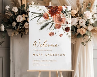 Terracotta boho floral Bridal shower Welcome sign tag Template, flower template, editable elegant Wedding Welcome sign, Printable download