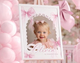 Rosa rosett för 1-årsdag, välkomstskylt, utskrivbar (digital nedladdning)