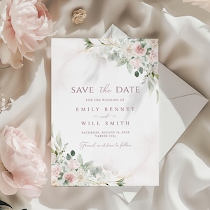 Blush Rosa Hochzeit Save the date Vorlage, Eleganter Hochzeitsanzug, bearbeitbare salbeigrüne Hochzeitseinladung, zartrosa druckbares Hochzeitsset