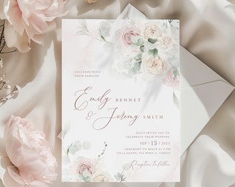 Op de afbeelding: Een huwelijksuitnodiging met een bloemenontwerp in roze en witte tinten. De uitnodiging luidt "Emily & Jeremy" met de datum "Sep 15, 2023" en de locatie "Villa Dante, Via Nino Li, Varese".