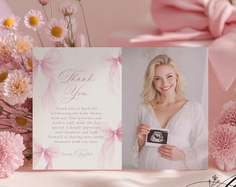 Tarjeta de agradecimiento para baby shower con lazo rosa, plantilla imprimible