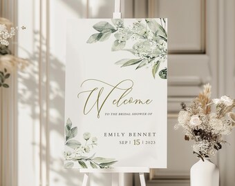 Dusty sage green Bridal shower Welcome sign Template, Eucalyptus welcome sign template, editable elegant greenery Wedding Welcome sign