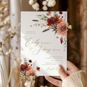Boho terracotta floral Wedding Invitation Template, Minimalist wedding, Eucalyptus Wedding Invite, Boho burn orange pampas Invite Printable