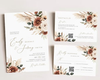 May include: Wedding invitation suite with a floral design featuring dried pampas grass, white and red flowers. The invitation includes the names "Emily Bennet & Jeremy Smith" and the date "Sep 15, 2023".