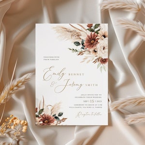 Boho terracotta floral Wedding Invitation Template, Minimalist wedding, Eucalyptus Wedding Invite, Boho burn orange pampas Invite Printable