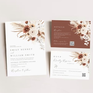 Boho terracotta floral Wedding Invitation Template, Minimalist wedding, Eucalyptus Wedding RSVP, Boho burn orange pampas Invite Printable