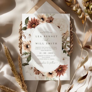 Boho terracotta floral Wedding Invitation Template, Minimalist wedding, Eucalyptus Wedding Invite, Boho burn orange pampas Invite Printable