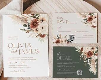 Puede incluir: Un conjunto de tres tarjetas de invitación de boda con un diseño floral. Las tarjetas son blancas, beige y verdes con un patrón floral en tonos marrones, blancos y rojos. El texto en las tarjetas dice "Olivia y James" y "El detalle".