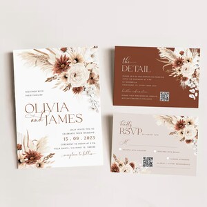 Boho terracotta floral Wedding Invitation Template, Minimalist wedding, Eucalyptus Wedding RSVP, Boho burn orange pampas Invite Printable