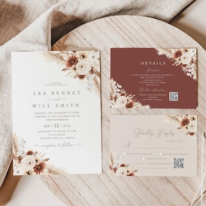 Boho terracotta floral Wedding Invitation Template, Minimalist wedding, Eucalyptus Wedding RSVP, Boho burn orange pampas Invite Printable