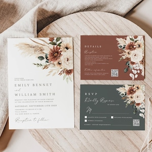 Boho terracotta floral Wedding Invitation Template, Minimalist wedding, Eucalyptus Wedding RSVP, Boho burn orange pampas Invite Printable